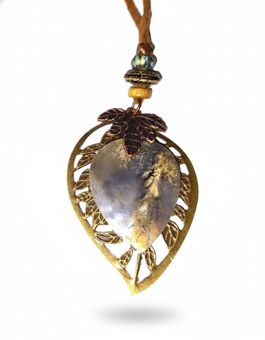 Beautiful Casual Plume Agate Neckalce on Bronze Leaf and Leather cord 55