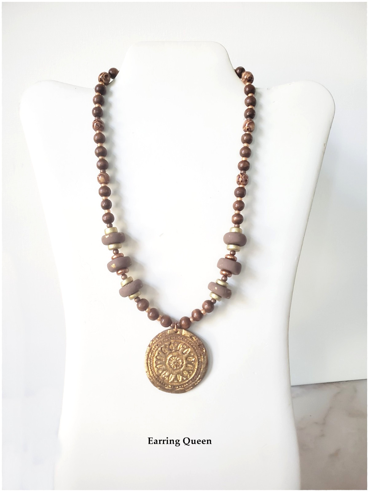 Brown & Gold Beaded Medallion Women Necklace