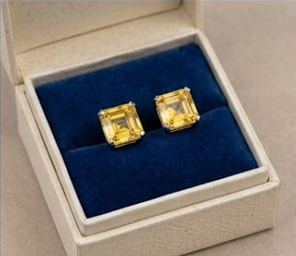 3ct Asscher Simulated Canary Citrine Unisex Stud 925 Silver Earrings Gold Plated