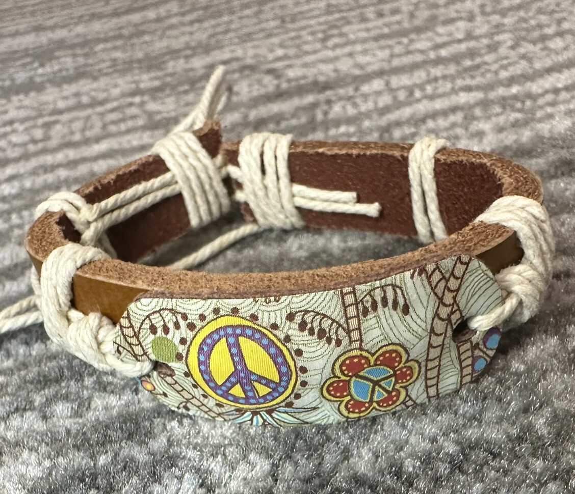 Unisex Hemp Leather Bracelet Peace Sign Brown Boho 60’s Adjustable Wrist Wrap
