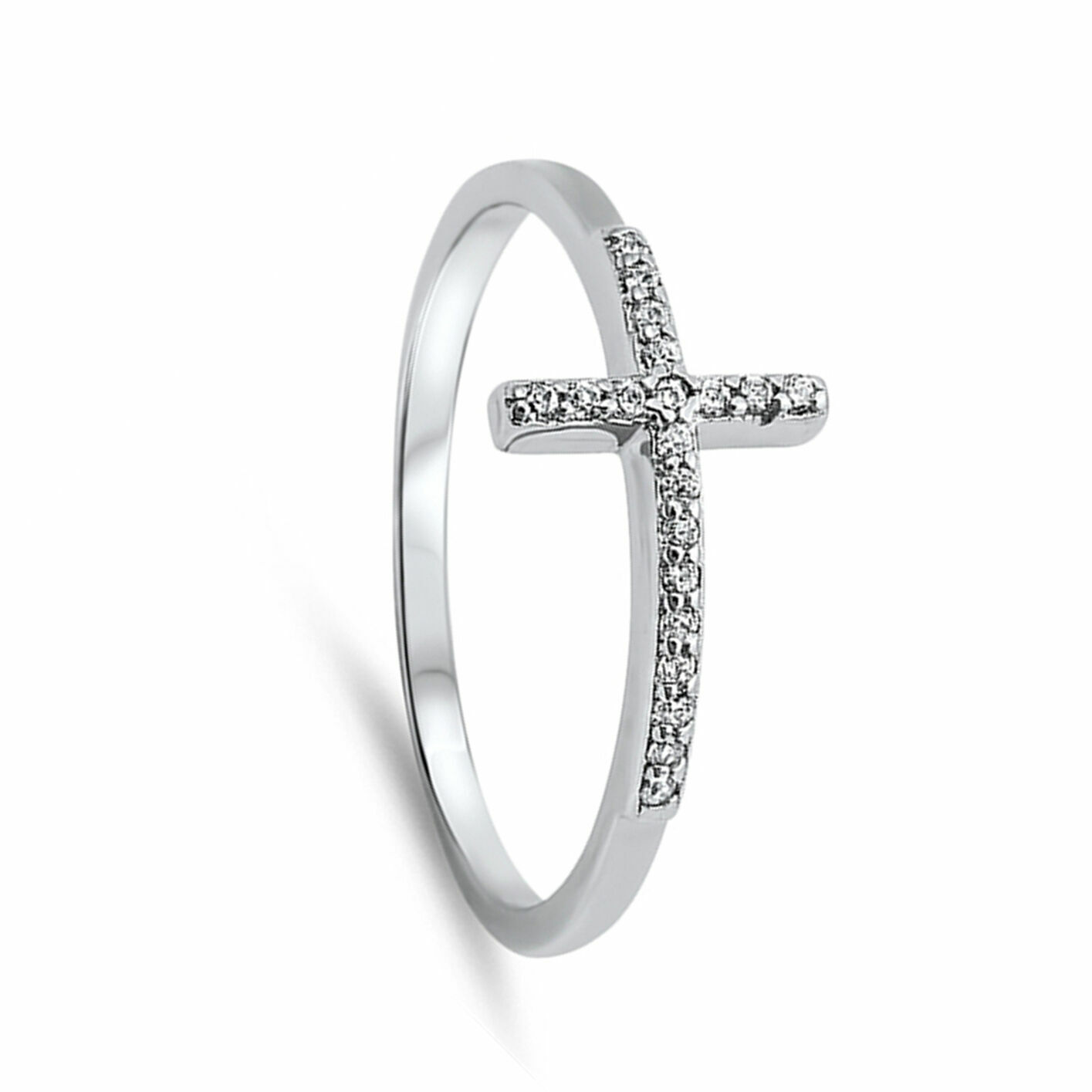 Sideways Cross Clear CZ Classic Ring New Sterling Silver Band Sizes 6-9