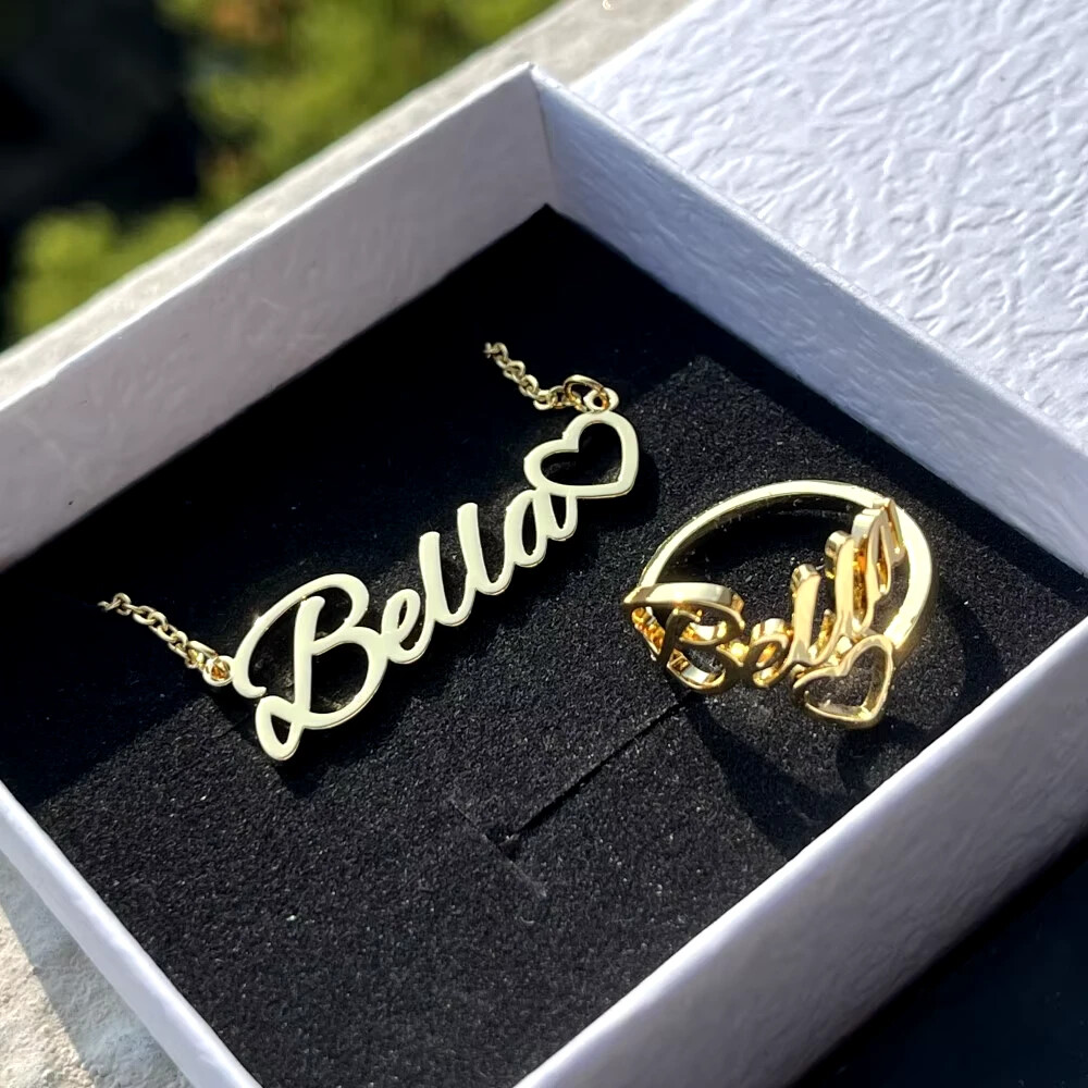 Customized Name Jewelry Set Necklace Ring Heart Gold Silver Stainless Steel Gift