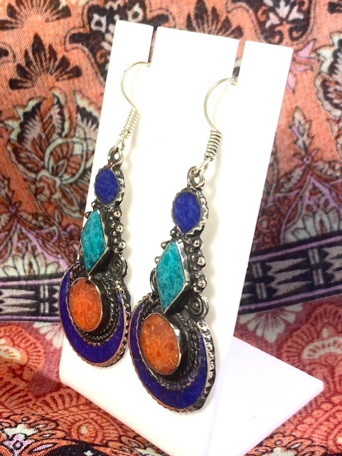 Lapis Lazuli Coral Turquoise Gemstone Drop Dangle Ethnic Tibetan Earrings 2.4″