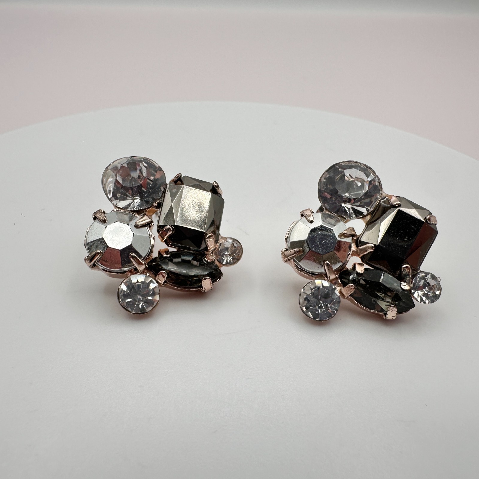 Vintage 80s Smoky Crystal Cluster Stud Earring Rose Gold Tone Statement Jewelry