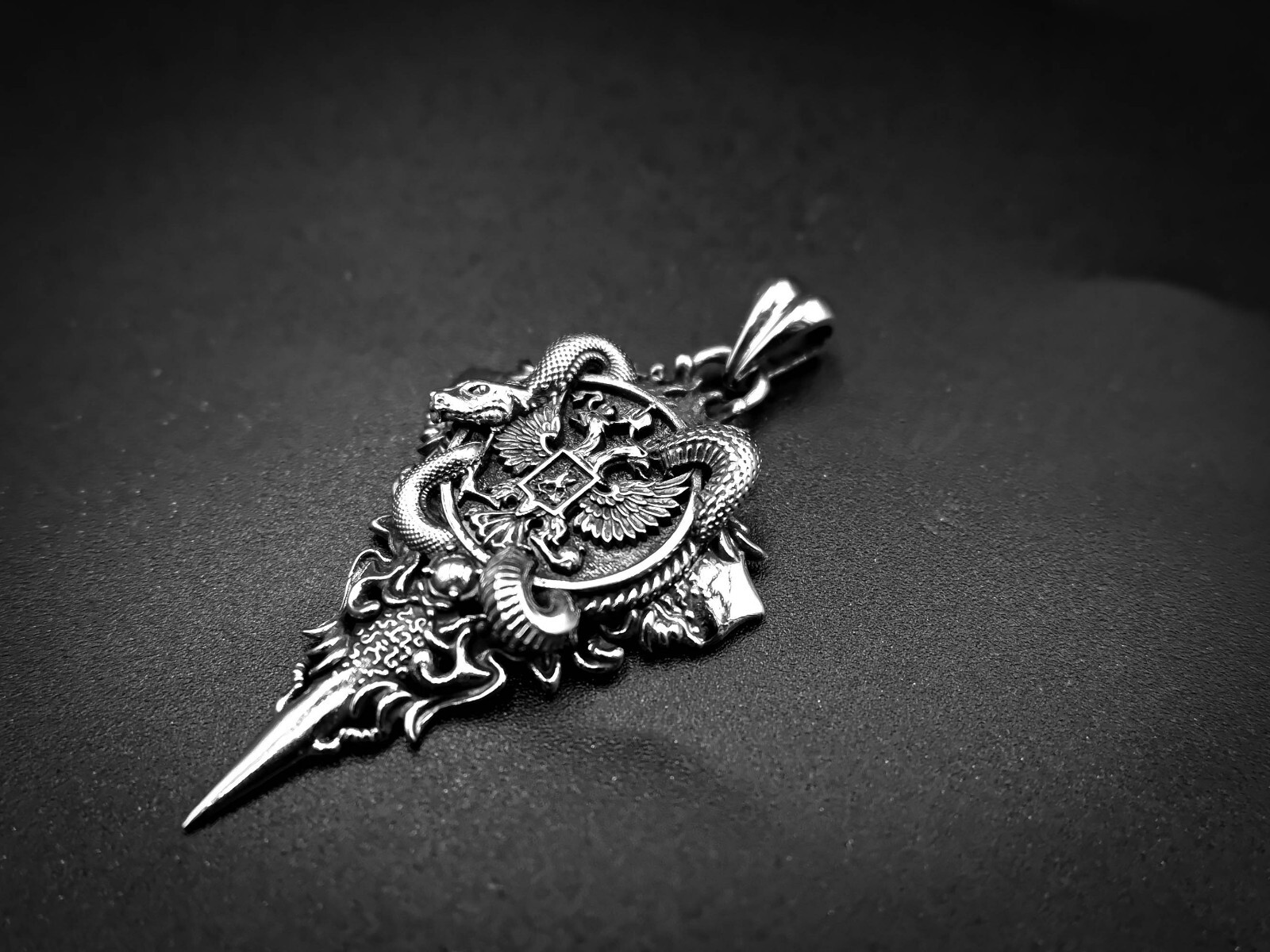 925 Sterling Silver Double Headed Eagle Pendant with Snake Coat Of Arms Jewelry
