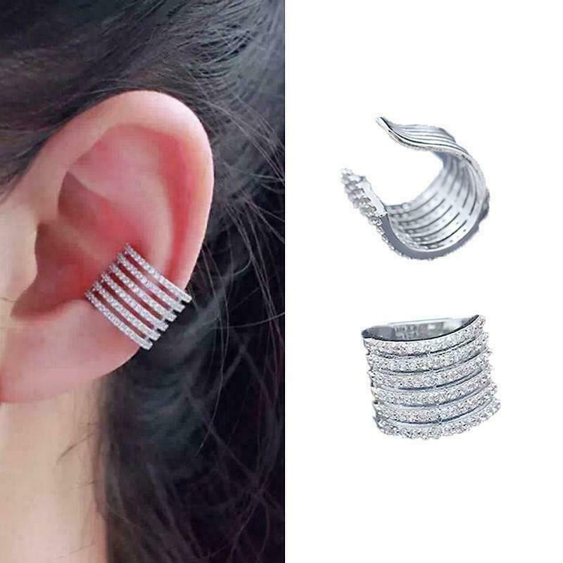 SINGLE SIDE Silver or Gold CZ Pave Lines Stripes Earring Ear Cuff Non Piercing