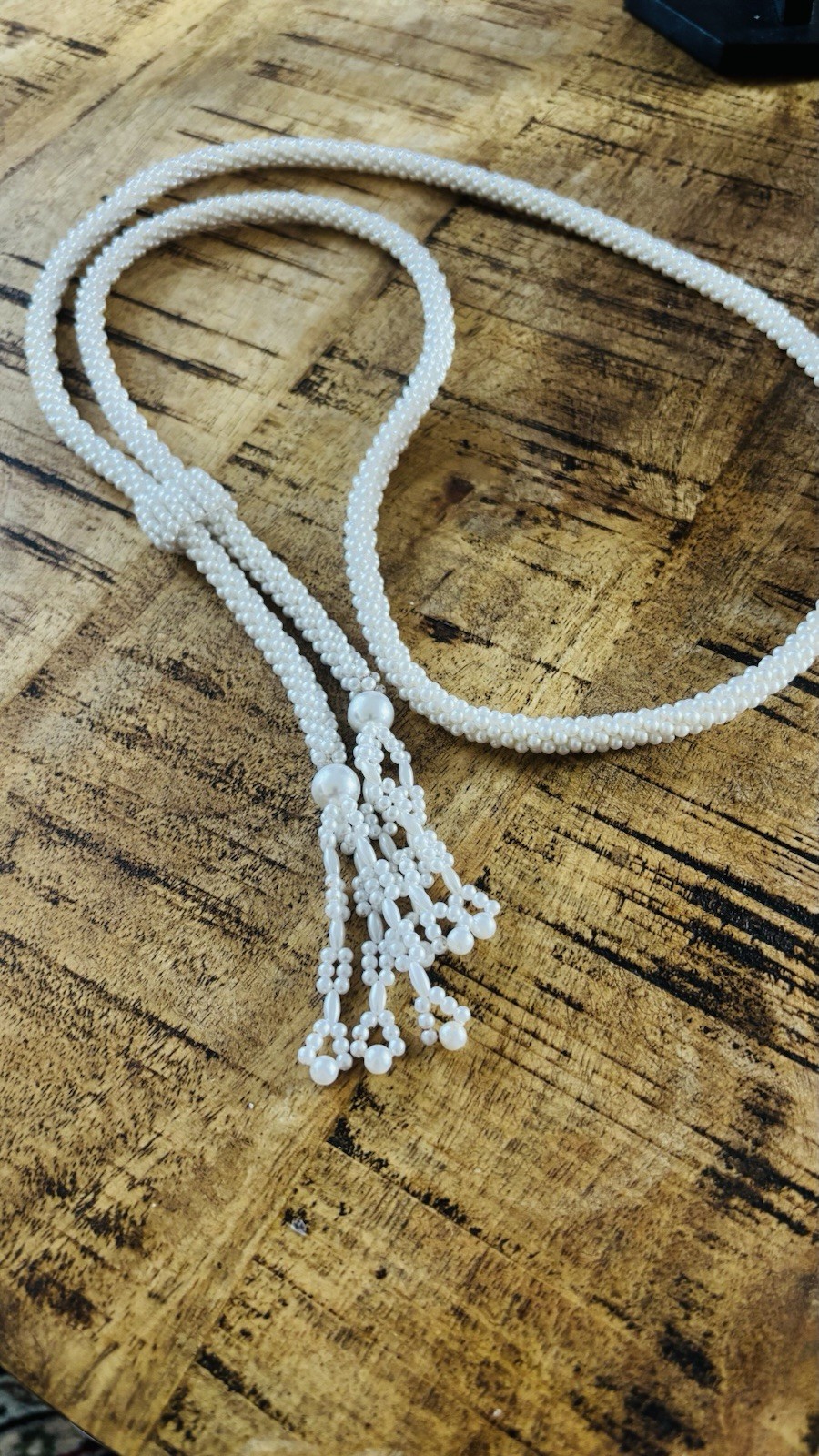 Faux Seed Pearl Lariat Necklace Woven Slider Tassel Flapper Boho VTG