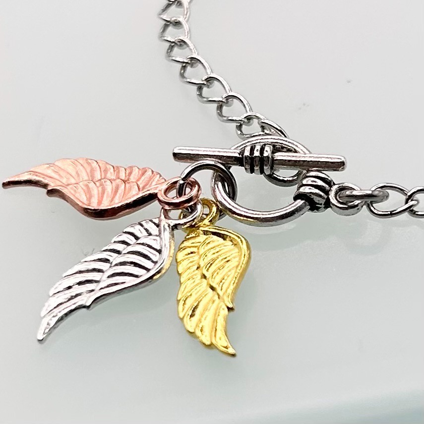 Mini Angel Wing Triple Pendant T-Bar Bracelet (Silver Chain) New Handmade