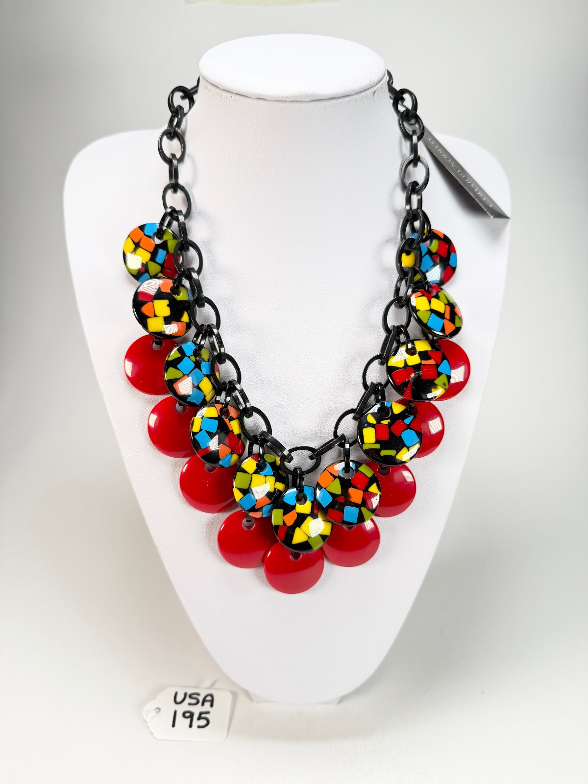 Marion Godart – Confetti “Dual Disque” Art-Deco x Red Mix Resin Necklace
