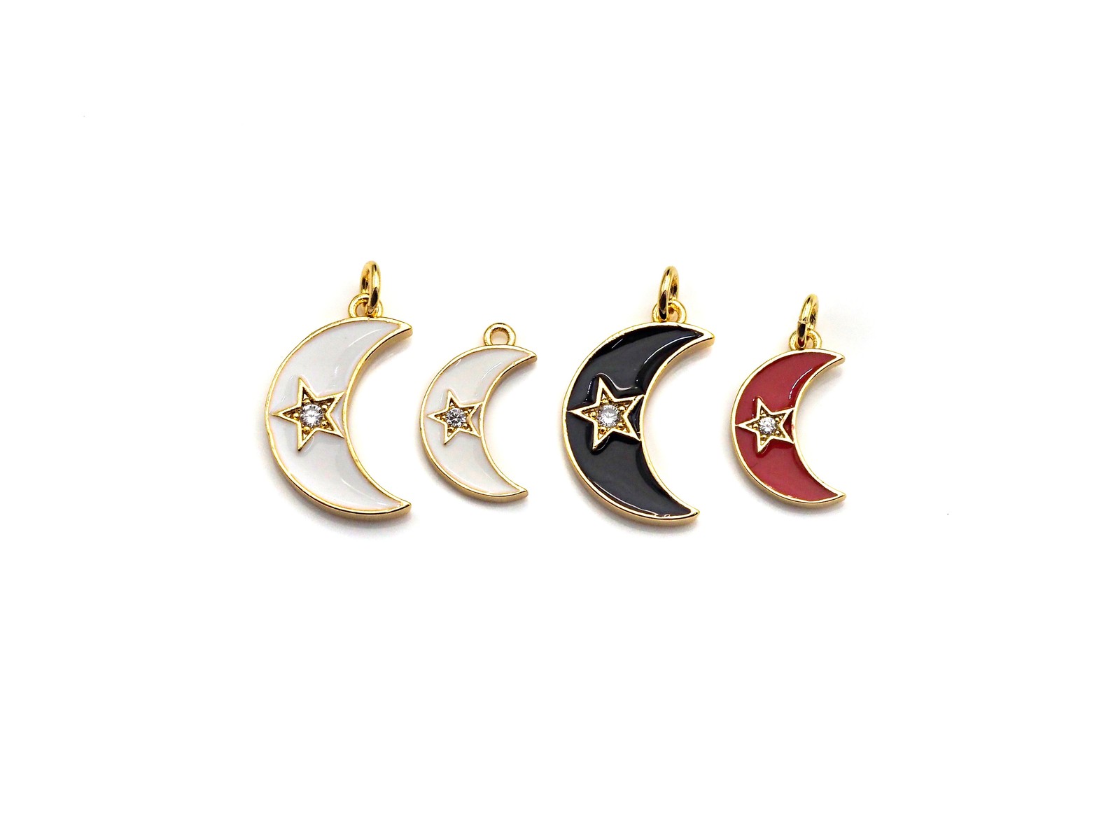 Enamel Moon Star charm, Black Red White Gold CZ Half Moon Pendant, Enamel Moon