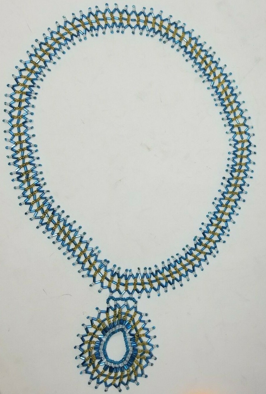 Native Style American Beaded Necklace~Blue, gold, white~Boho, Hippie~Circle