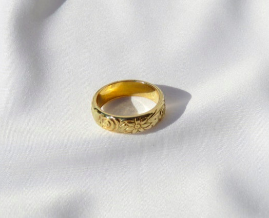 Thick Gold Ring, Gold Ring, Floral Ring, Vintage Ring, Wedding Band, Gold Floral