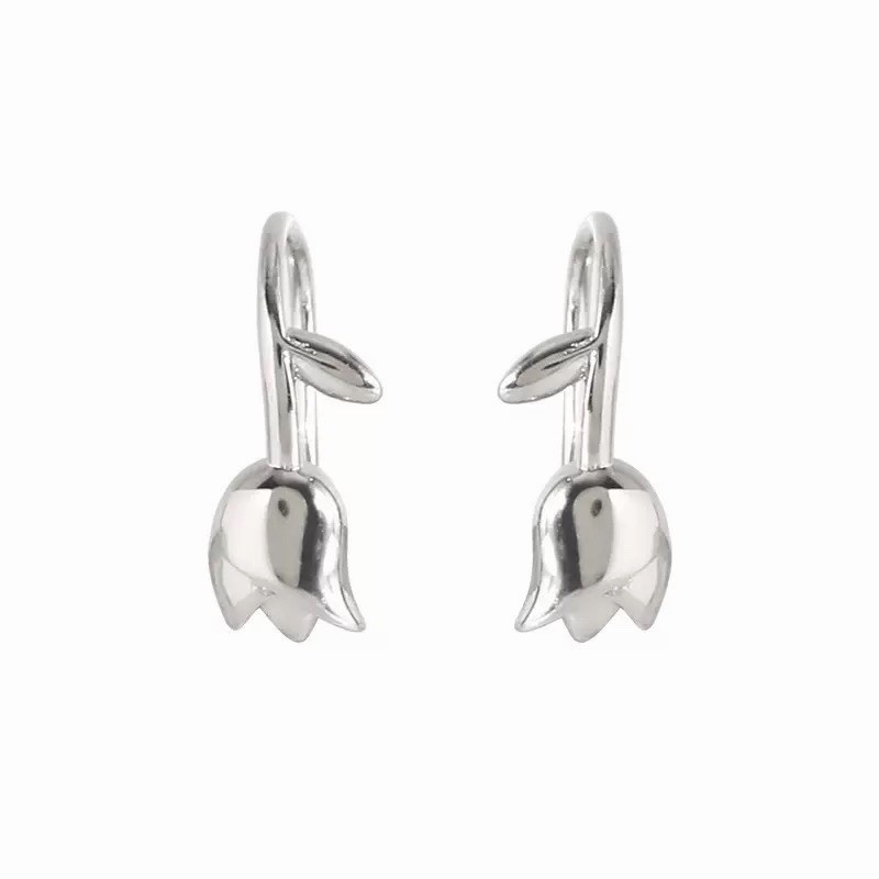 925 Sterling Silver Tulip Flower Hoop Earrings Cute Floral Dangle Earrings 322