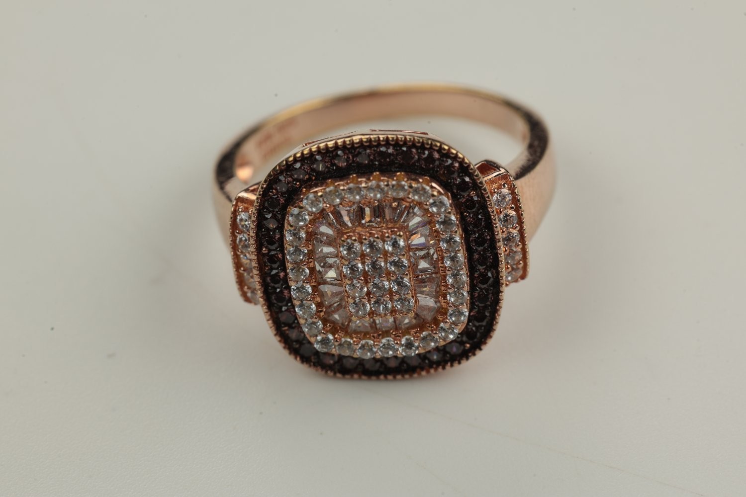 Vintage Fzn Sterling Silver Rose Gold Tone Chocolate White Halo Ring Size 8.5