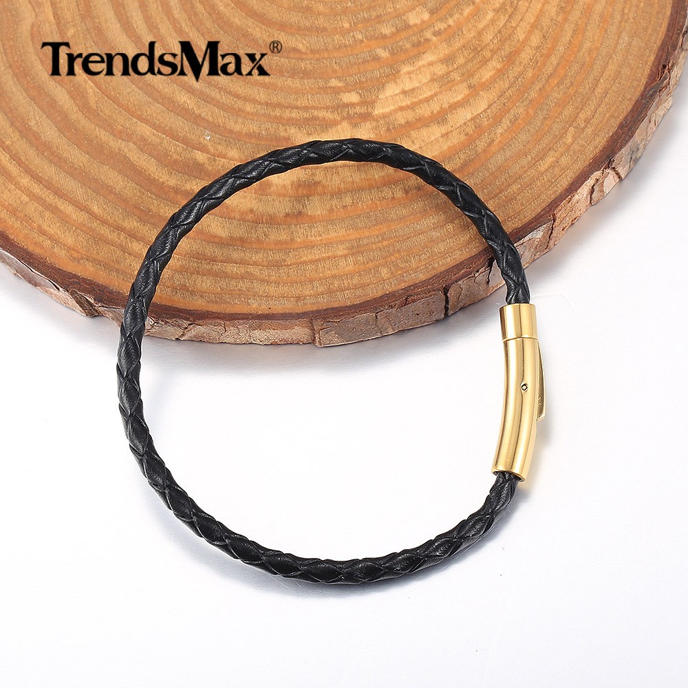 4MM Black Braided Leather Rope Necklace Bracelet Set with Gold Plated Push Lock