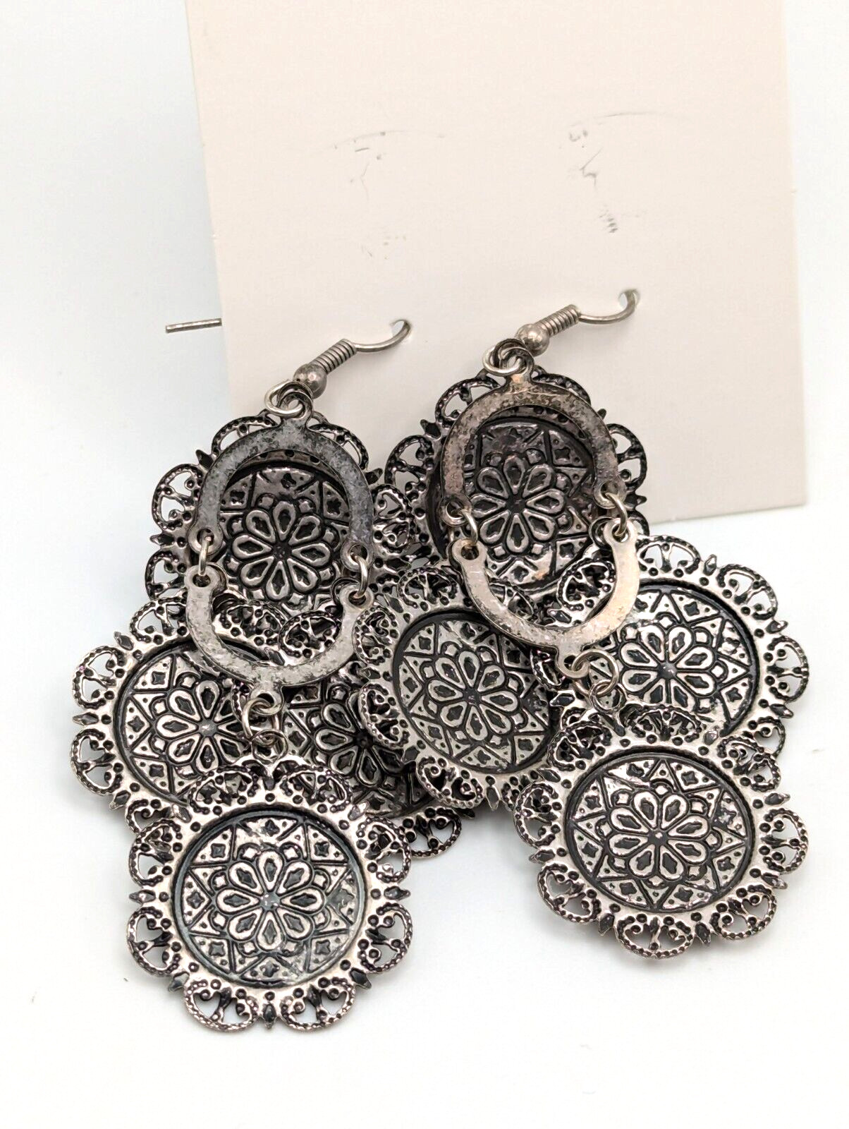 2 Pair Boho Filagree Styke Earrings Silver Tone Dangle Light Weight 2″ Long
