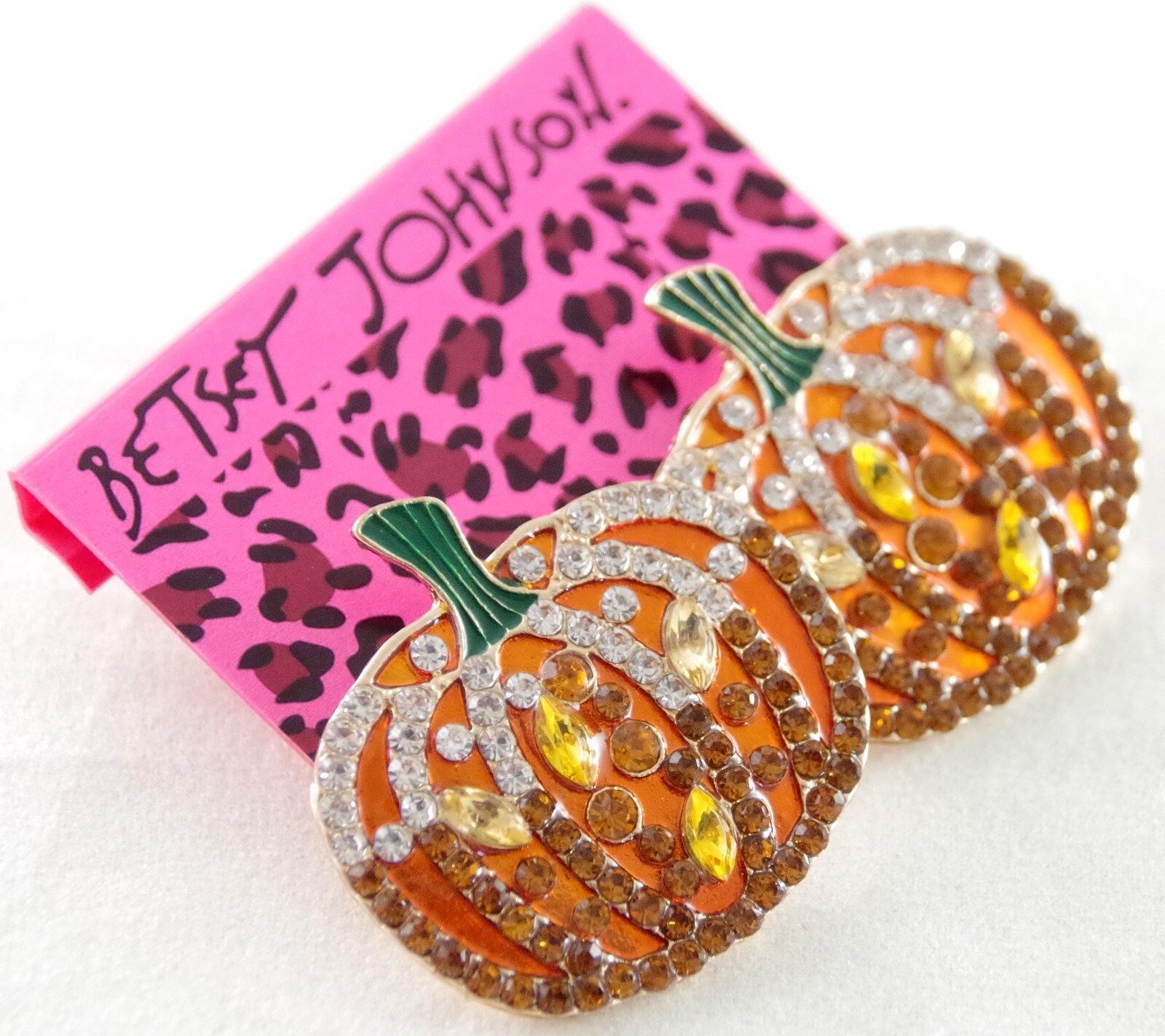 BIG BETSEY JOHNSON CRYSTAL RHINESTONE THANKSGIVING FALL AUTUMN PUMPKIN EARRINGS