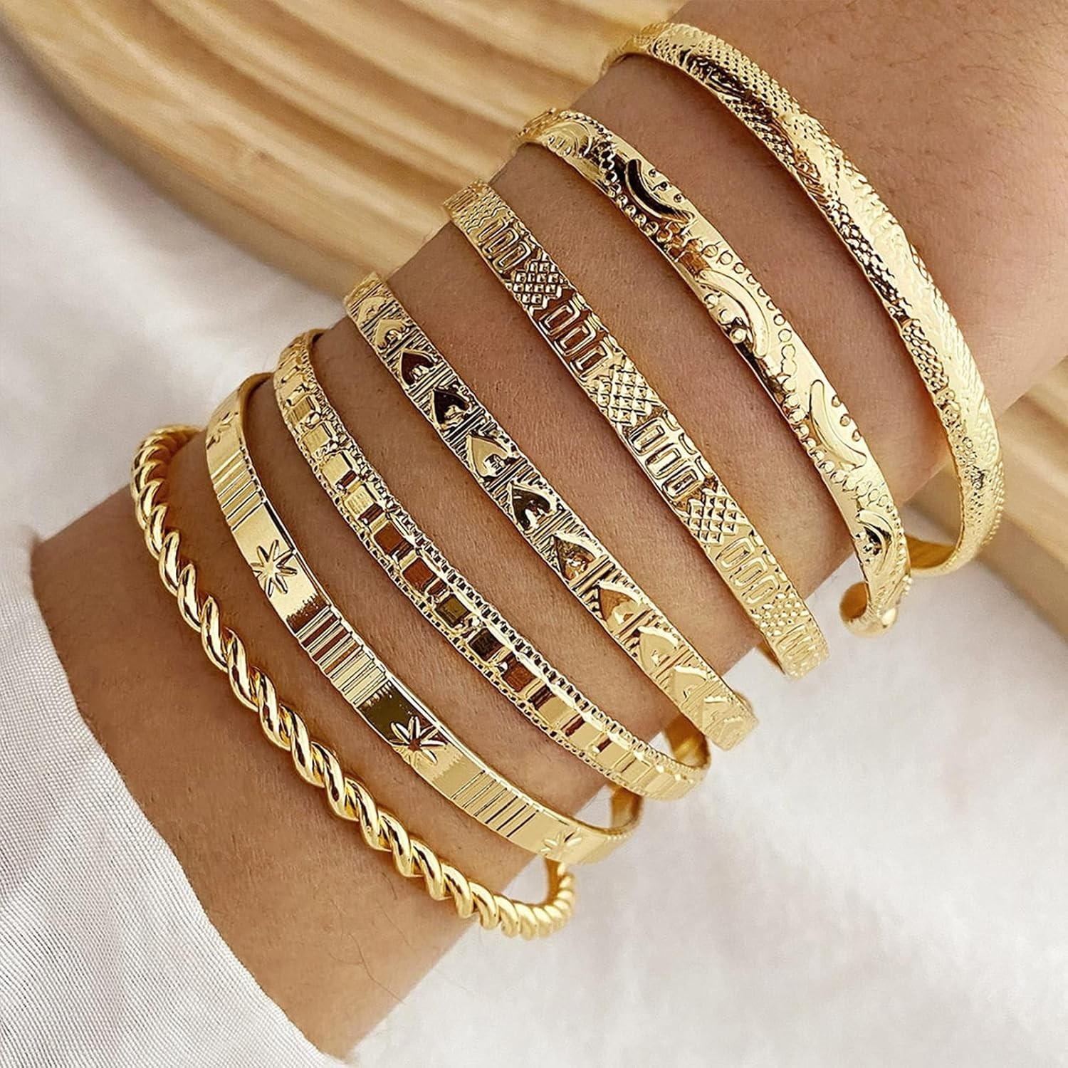 Gold Plated Bangle Bracelets Women Stackable Cuff Set Trendy Boho Non Tarnish