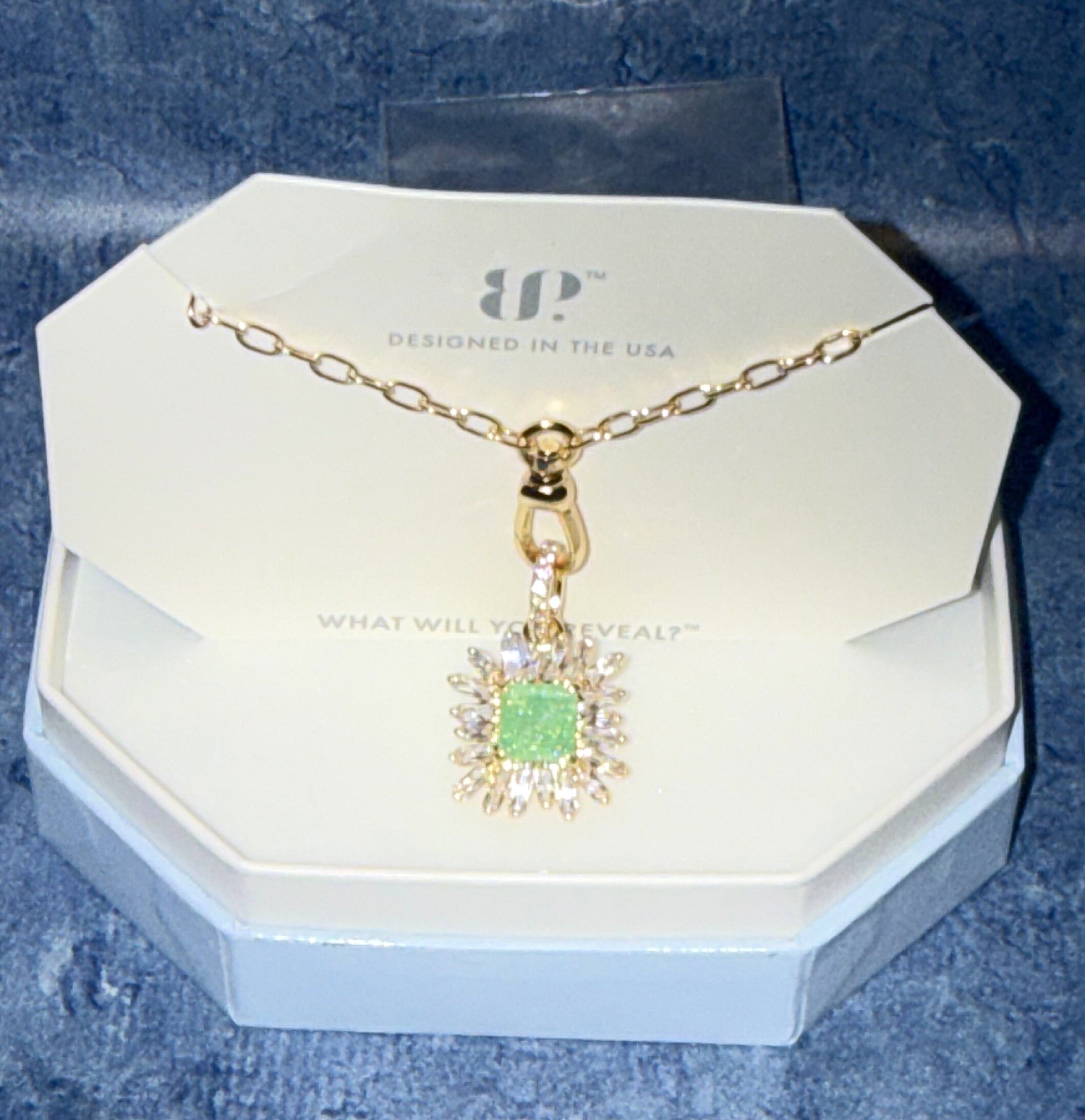 BP Gold Plated Cable Chain Necklace, Removable Square Green Crystal, 18″ NK53693