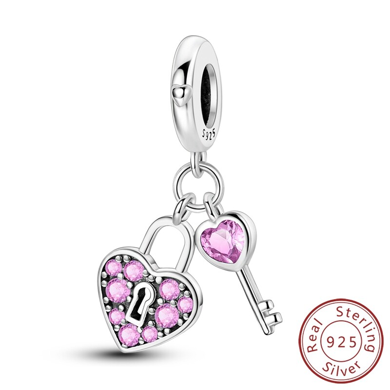 MULA S925 Sterling Silver Charm Pink AAA CZ Key Lock Dangle For Women Bracelet
