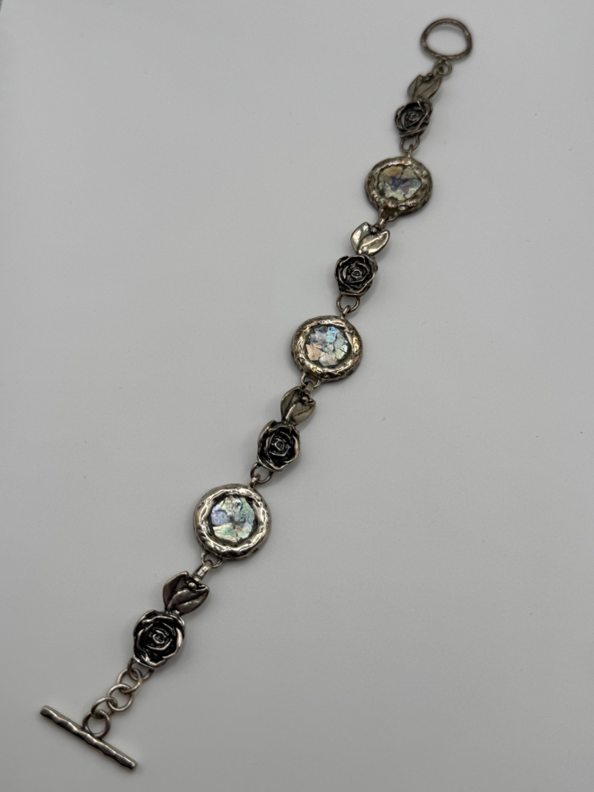 Luli Hamersztein Sterling Silver Roman Glass Rose Flower Toggle Bracelet