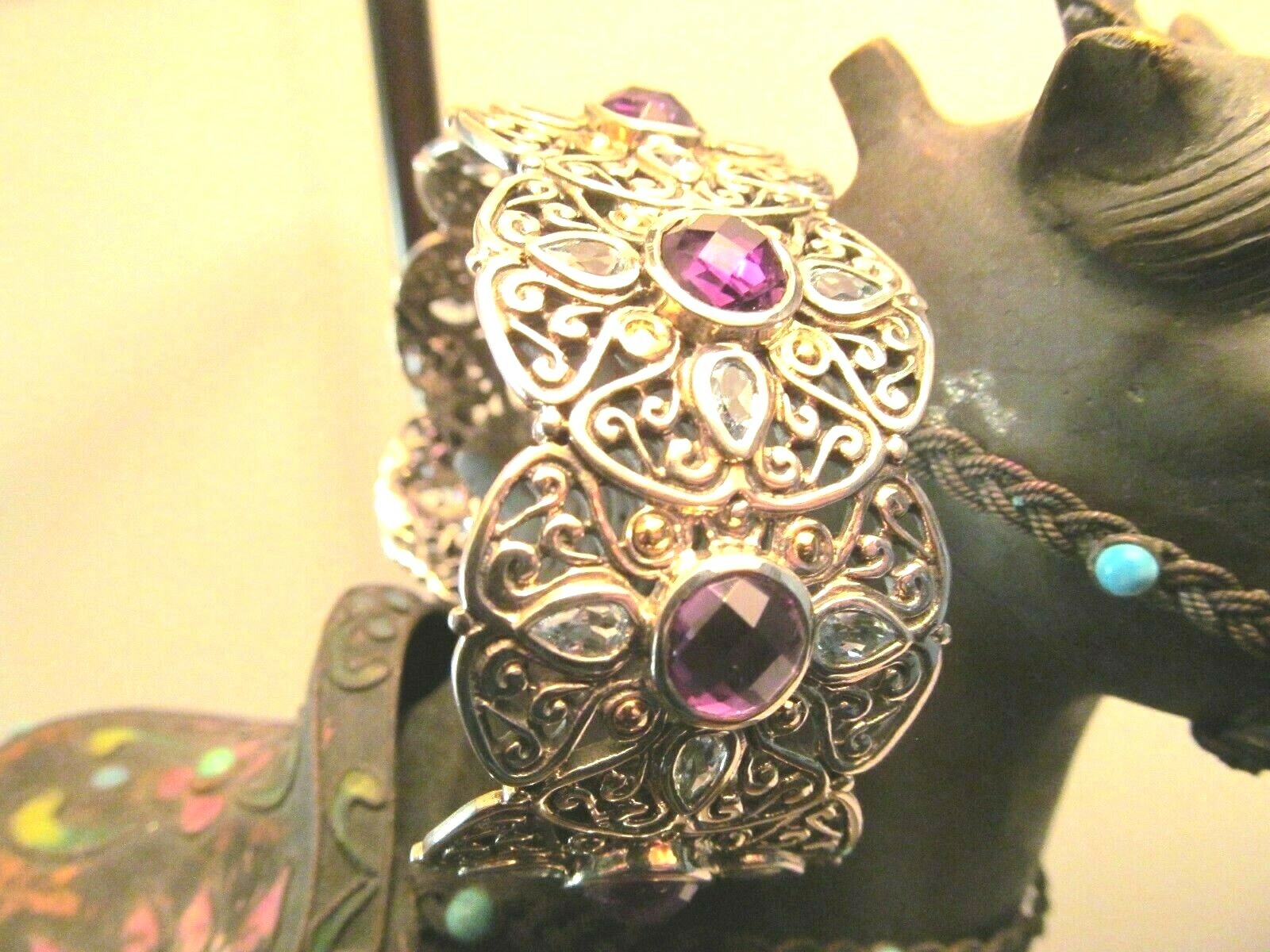 SAMUEL B. STERLING & 18 KT AMETHYST & BLUE TOPAZ GEMSTONE BRACELET $1200.+