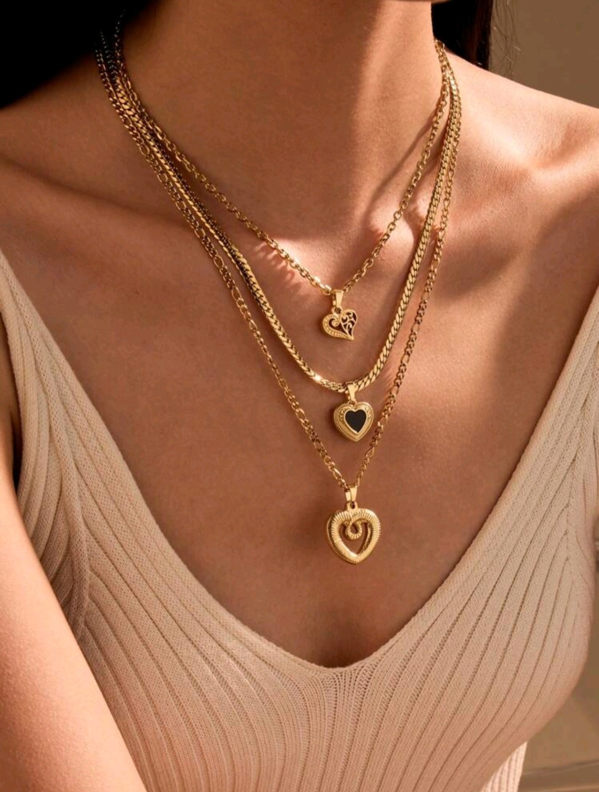Layered 18K Gold Heart Pendant Necklace for Women – Multi Chain Stack