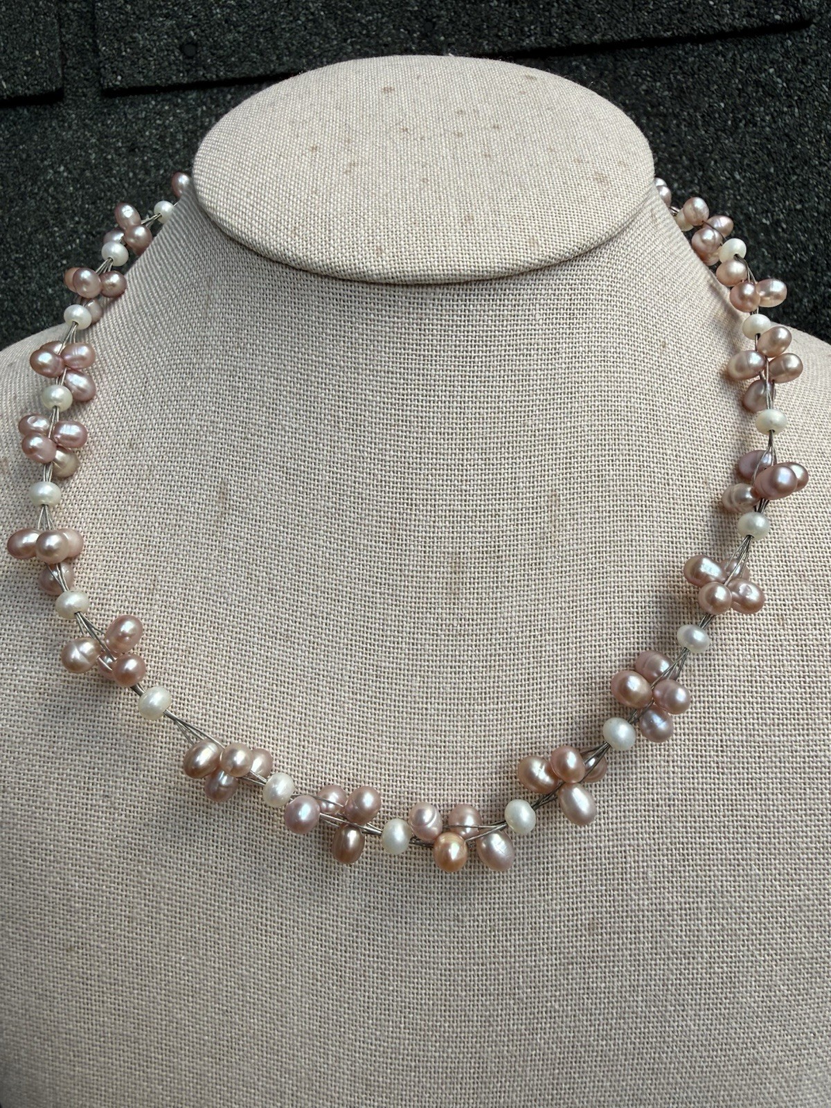 ⁠Pink FreshwaterPearl Floating Wire Choker Cluster MultiStrand Illusion Necklace