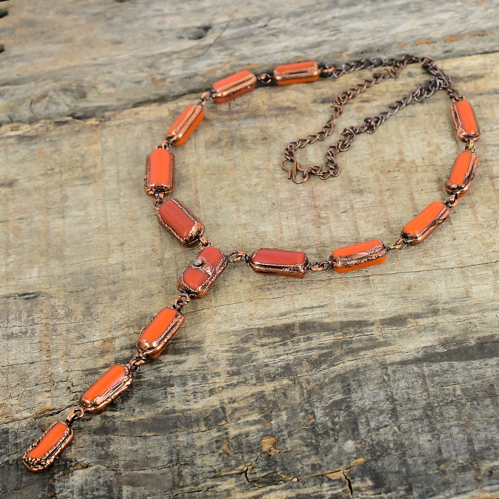 Red Coral Gemstone Turquoise Copper Sister Chain Electroformed Necklace Jewelry