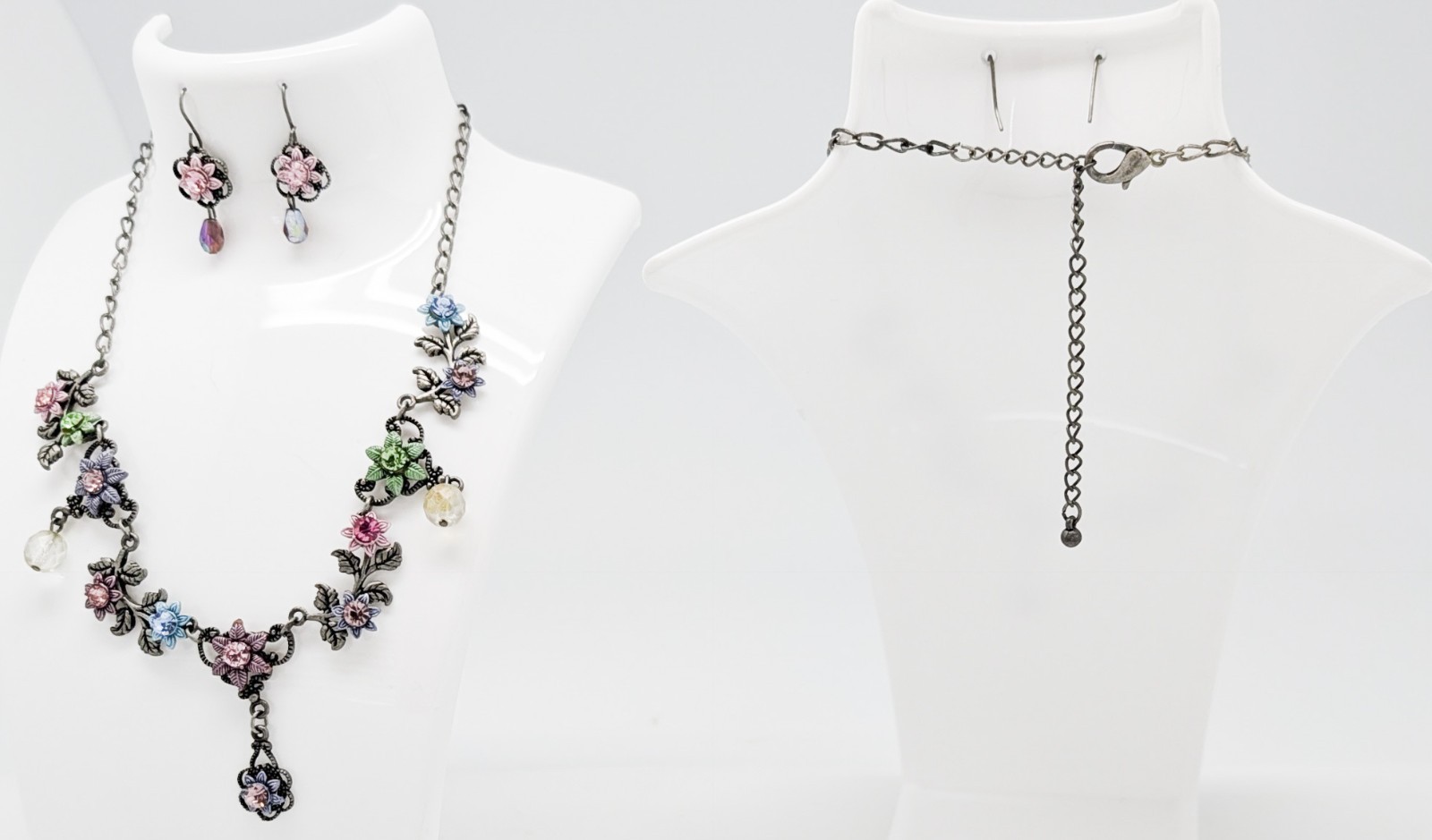 DESIGNER INSPIRED MULTI PINK or PURPLE FLORAL CRYSTAL SILVER METAL JEWELRY SET