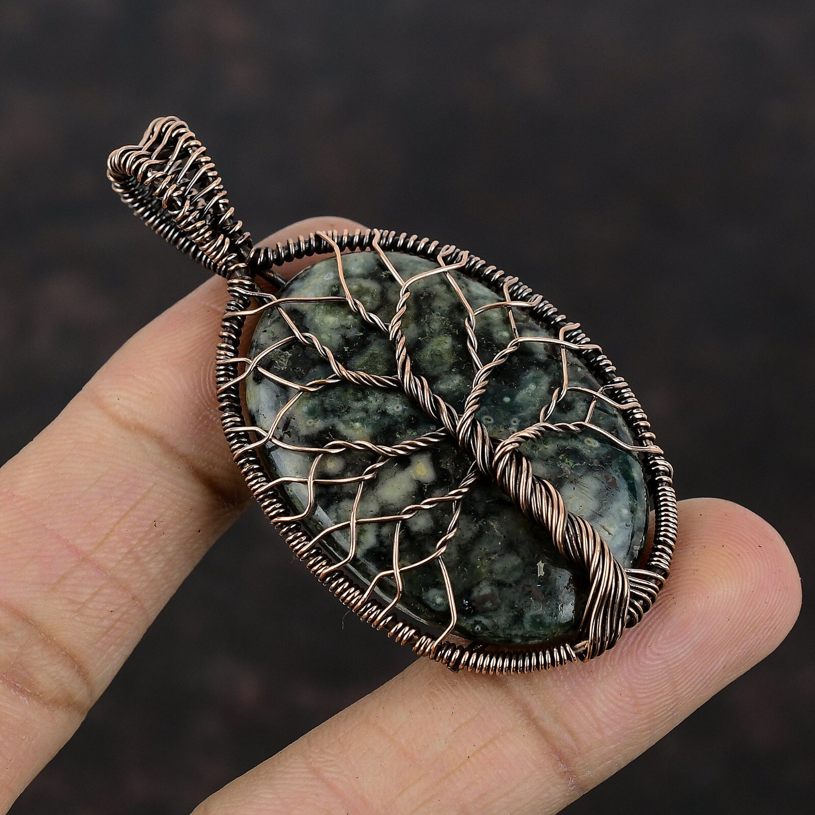 Ocean Jasper Jewelry Copper Gift For Mom Wire Wrapped Tree Of Life Pendant 2.56″