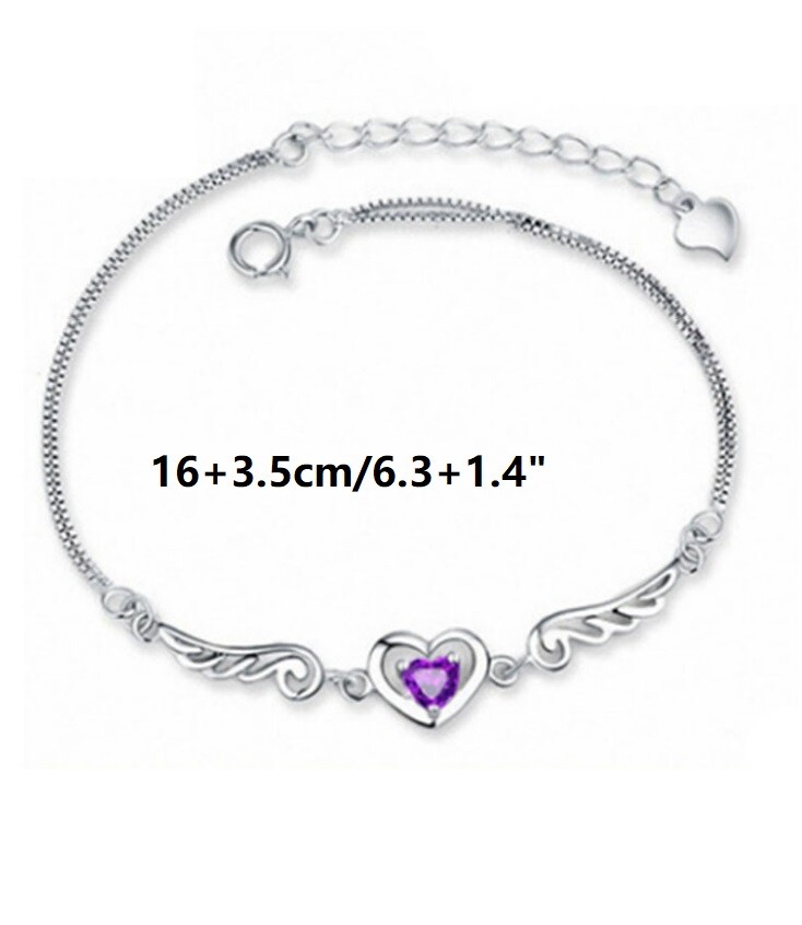 8″ Women Girl Amethyst Angel Wing Heart Chain Sterling Silver Bracelet Gift B14