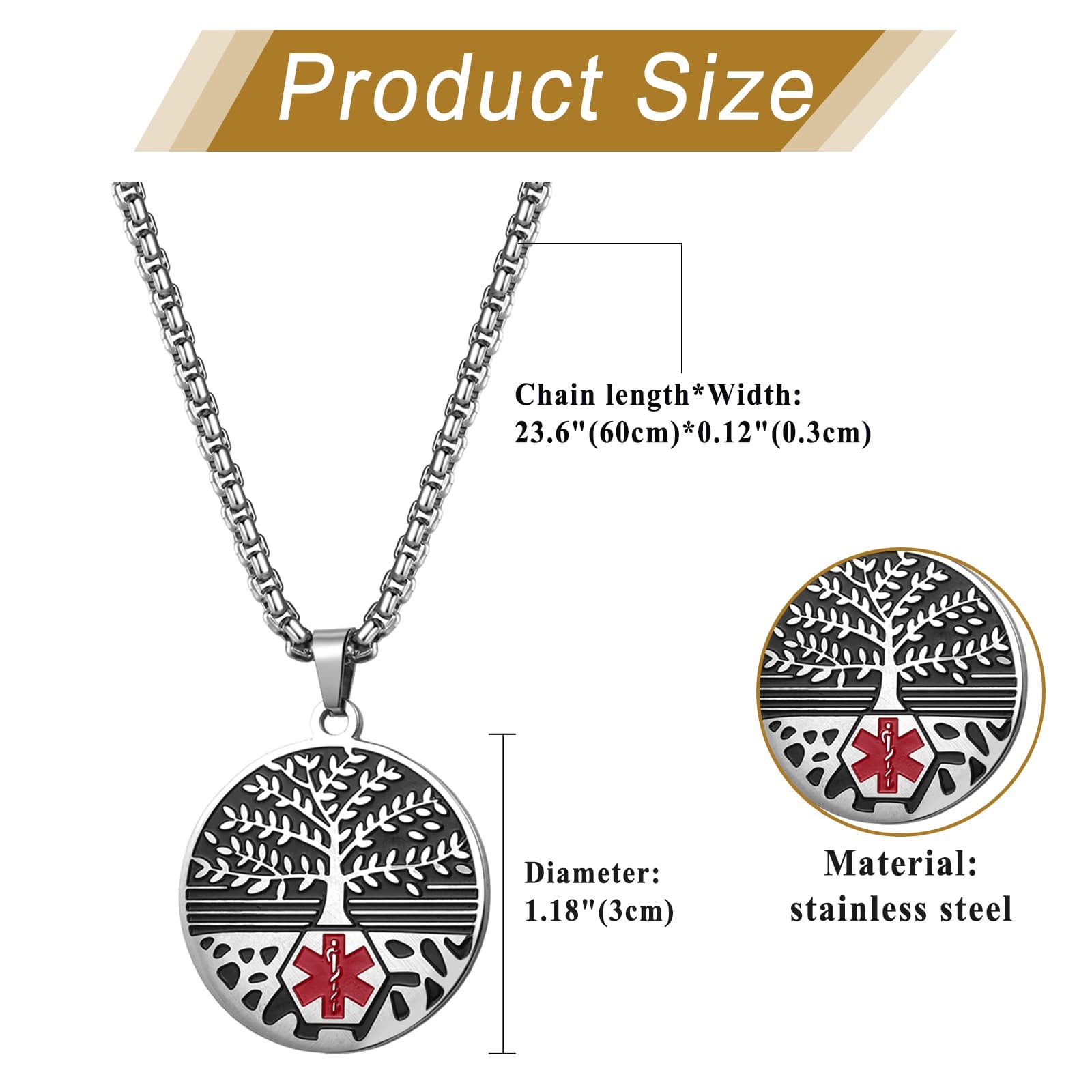 Unisex Emergency Medical Alert Tree of Life Pendant Stainless Steel Necklace