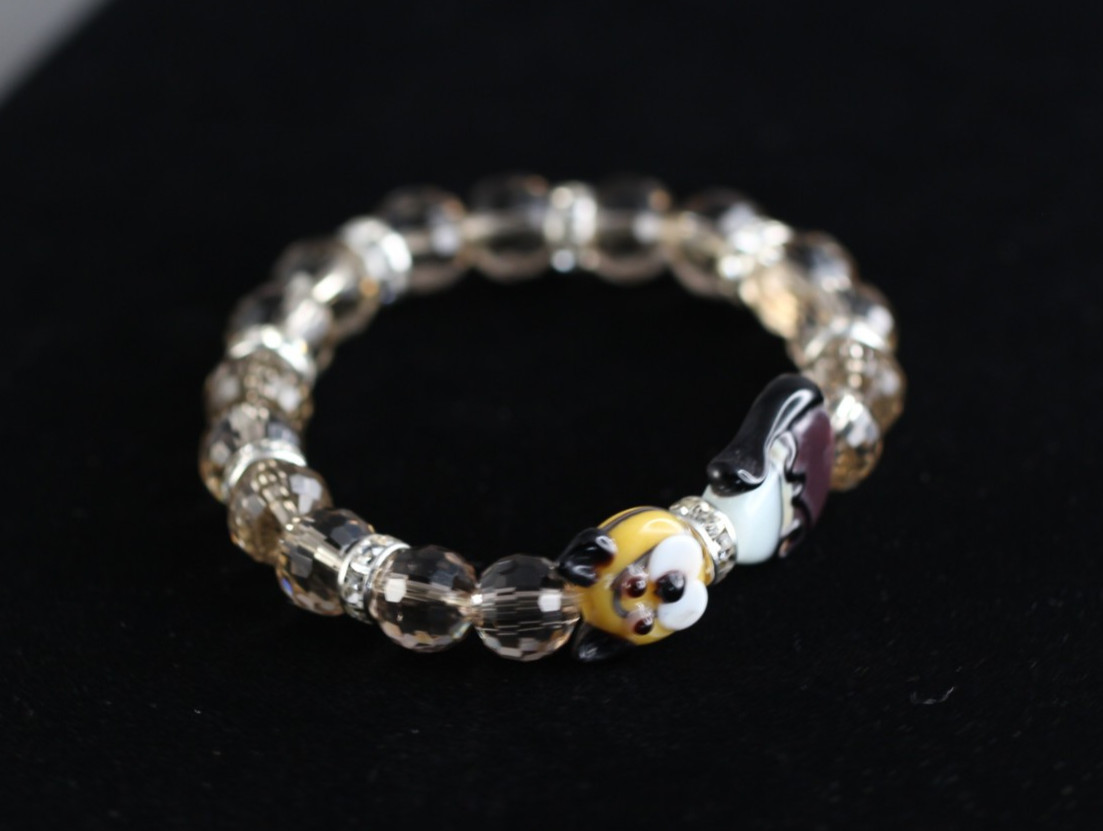 Brown Cat Lampwork Bead Bracelet 7″ Elastic Glass Beads Rhinestone Brown Crystal