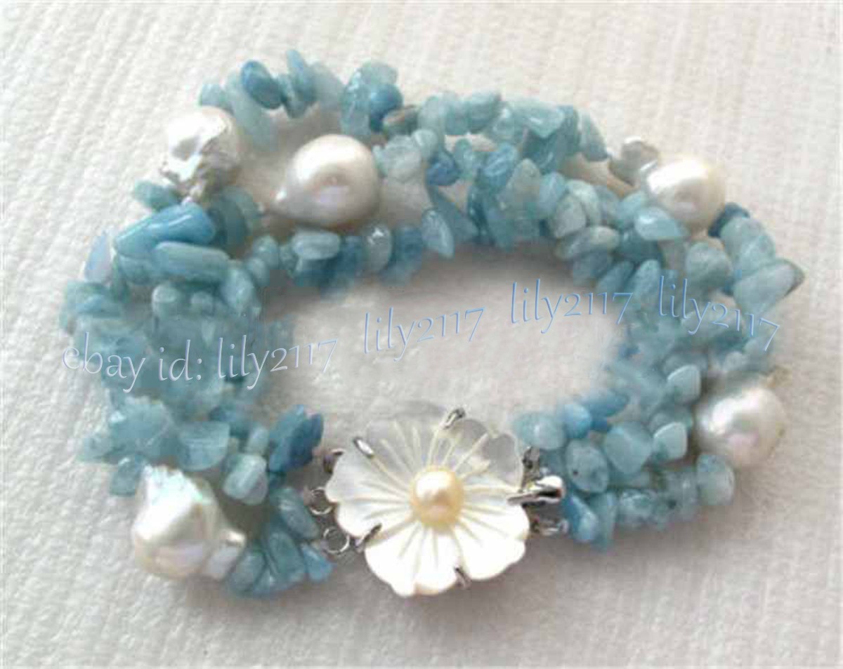 3 Rows Blue Aquamarine Chip Gems Beads White Baroque Edison Pearl Bracelet 8”