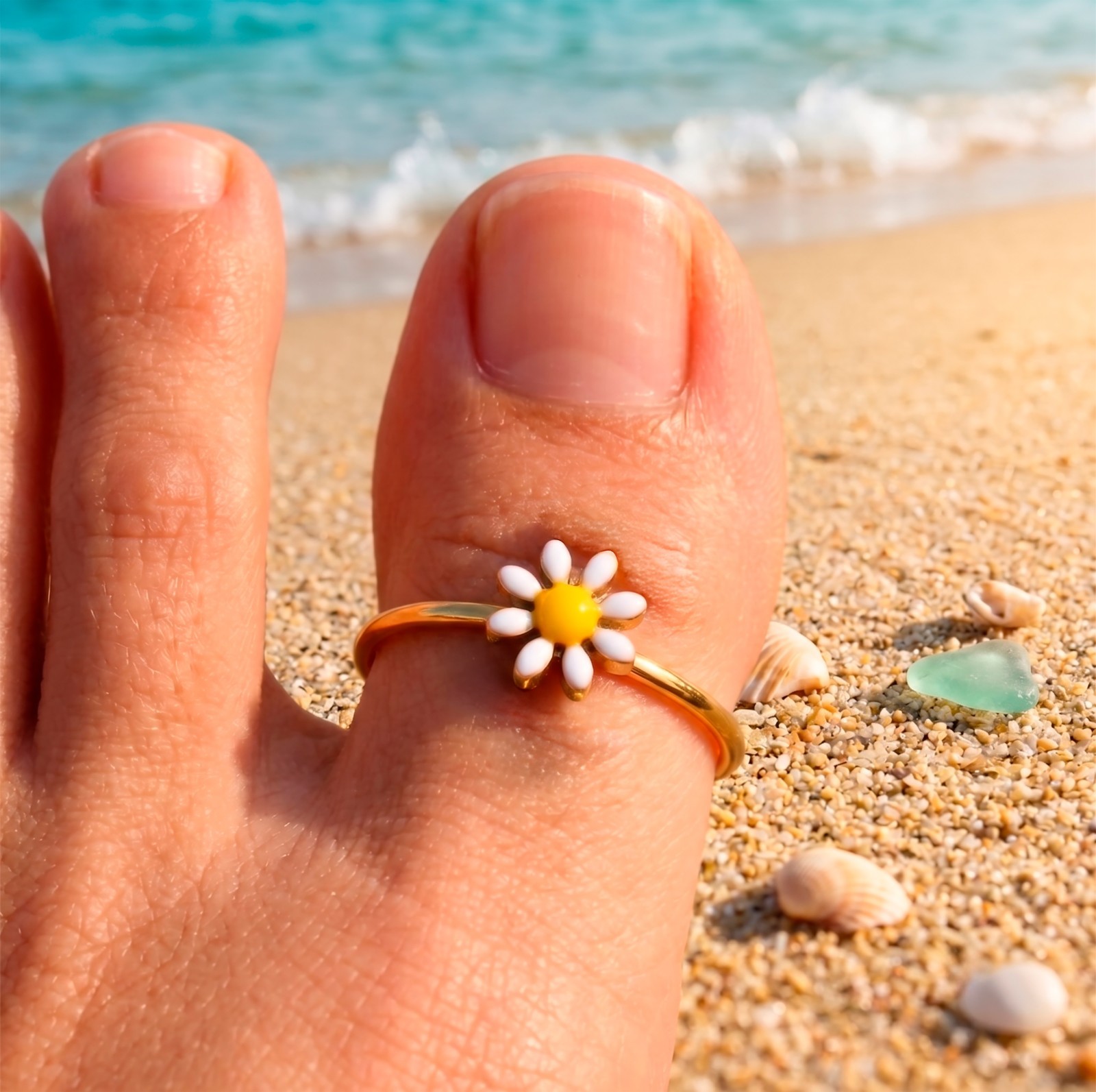 Gold Stainless Steel Toe Ring Enamel Daisy Flower White Yellow Adjustable Band