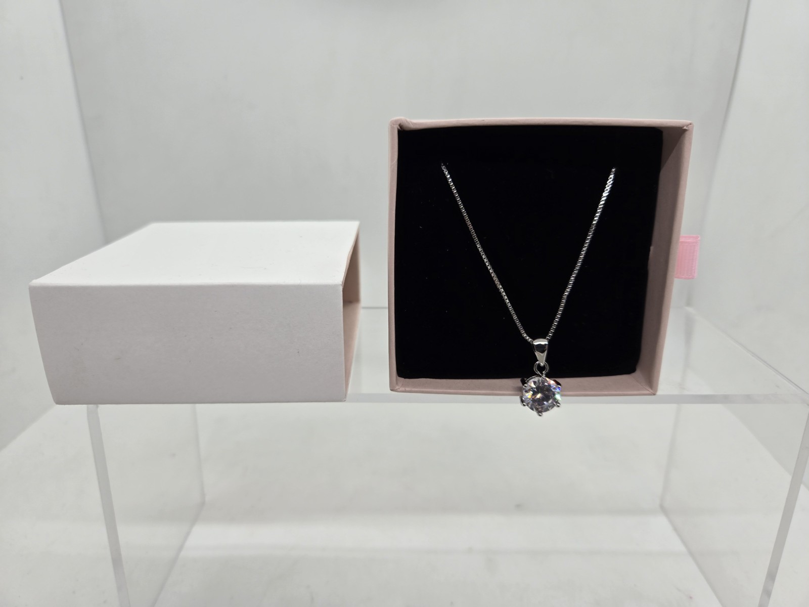 Cubic Zirconia Round Cut Necklace Six Prong Solitaire 18 inch Chain New with box