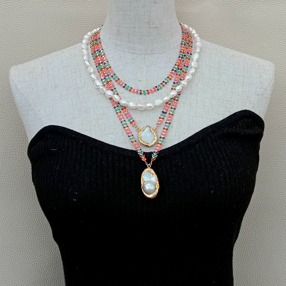 Multi Color Enamel Chain White Baroque Pearl Necklace Keshi Pearl Charm Pendant