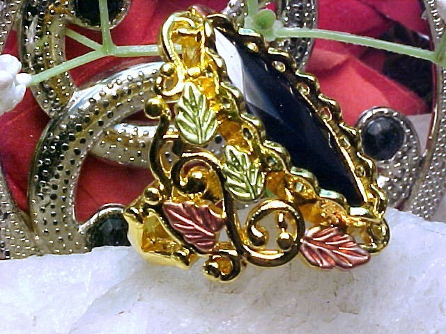 Black Hills Design Ring + Grape leaves + Black Onyx 925 Vermeil Sz 7.5