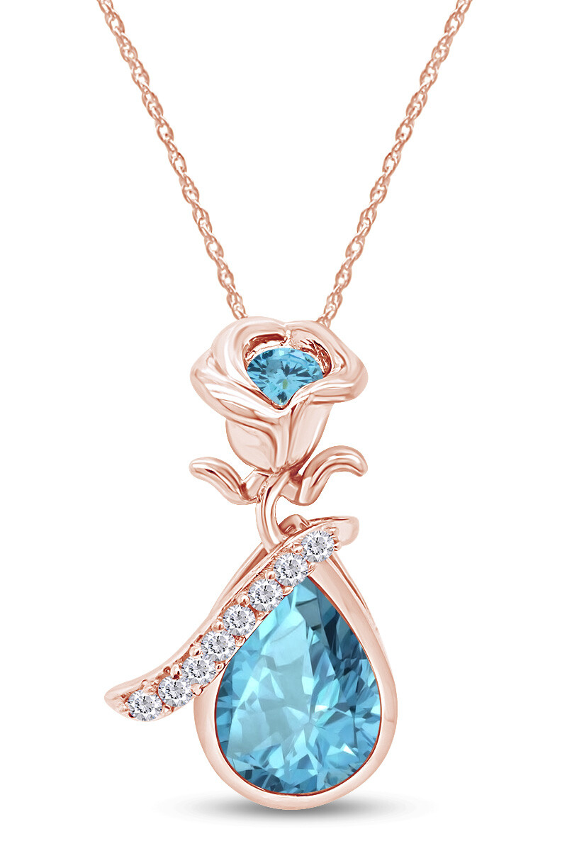 Simulated Aquamarine Rose Teardrop Pendant Necklace in 14K Rose Gold Plated
