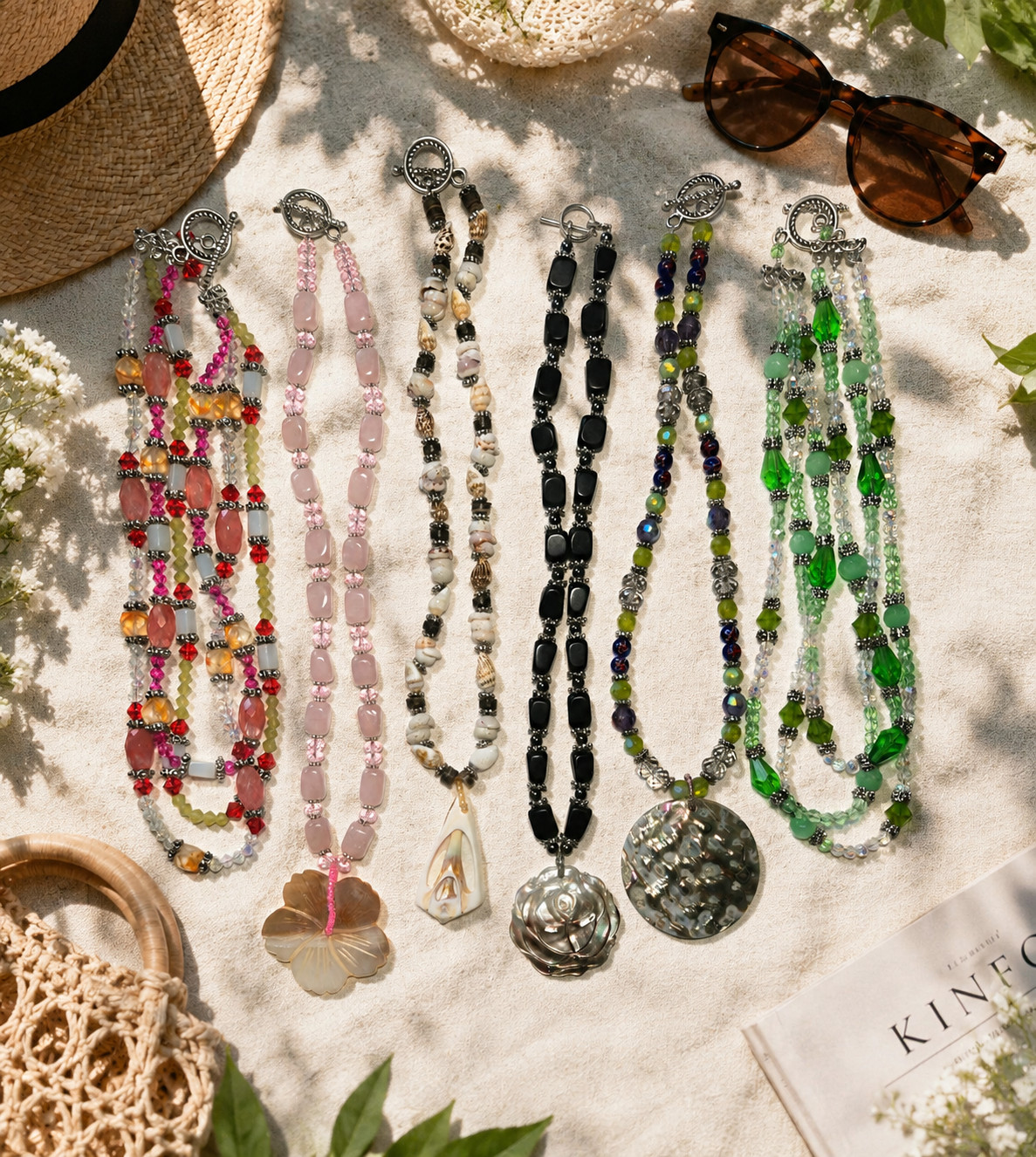Handmade Beaded Shell Pendant Necklace Set Beach Boho Coastal Jewelry Lot 6 pc