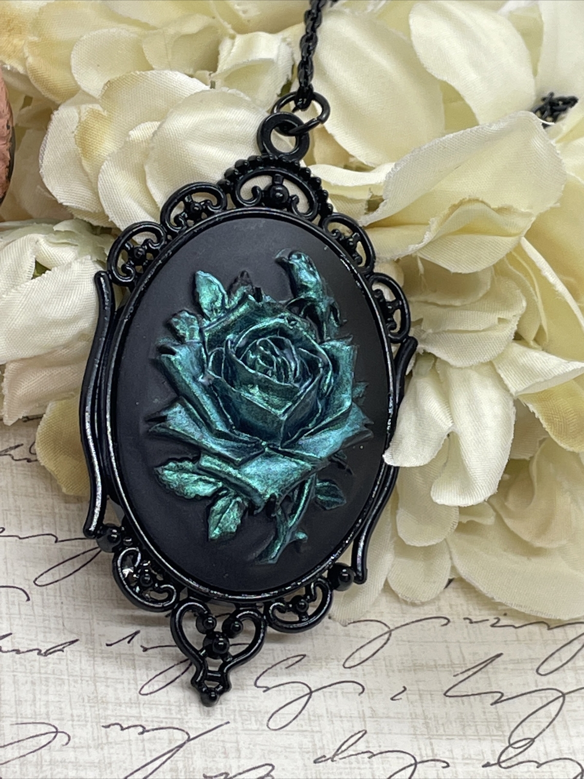 Teal Iridescent Rose Gothic CHRISTMAS Cameo Green Necklace Pendant Victorian