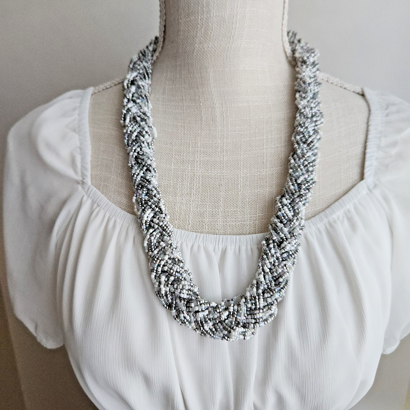 Silver & White Multi-Strand Seed Bead Braided Statement Necklace 26″