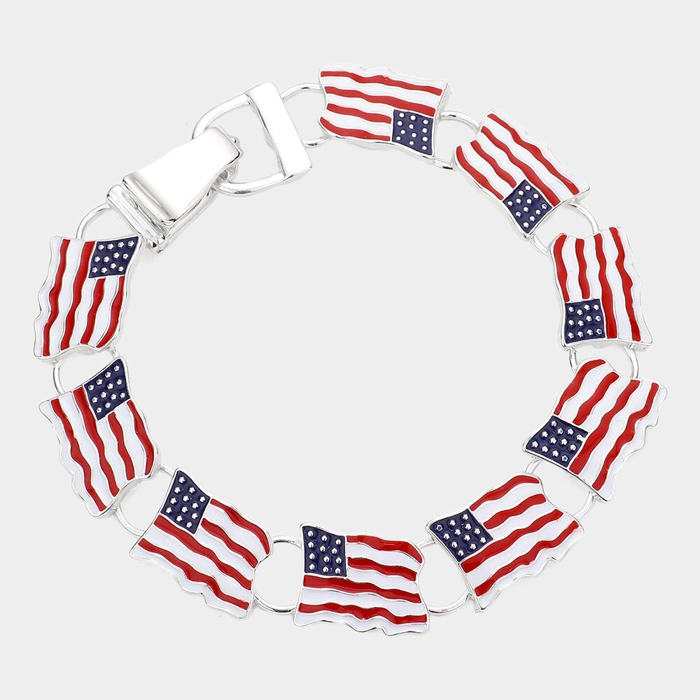 NEW WOMEN’S USA FLAG BRACELET SILVER INTERLOCKING LINK 7.5″ PATRIOTIC