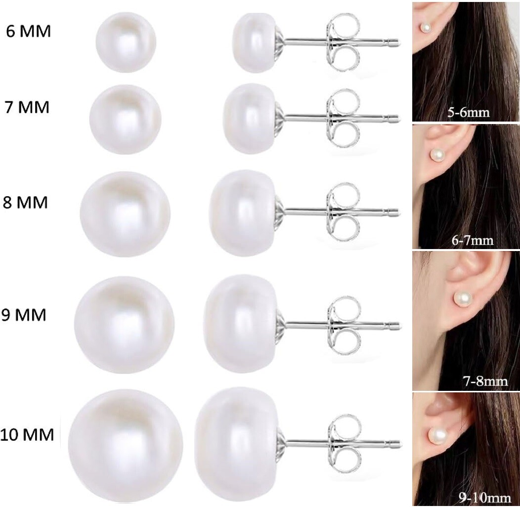 Genuine White Cultured Freshwater Pearl Stud Earrings 925 Silver 6/7/8/10mm USA