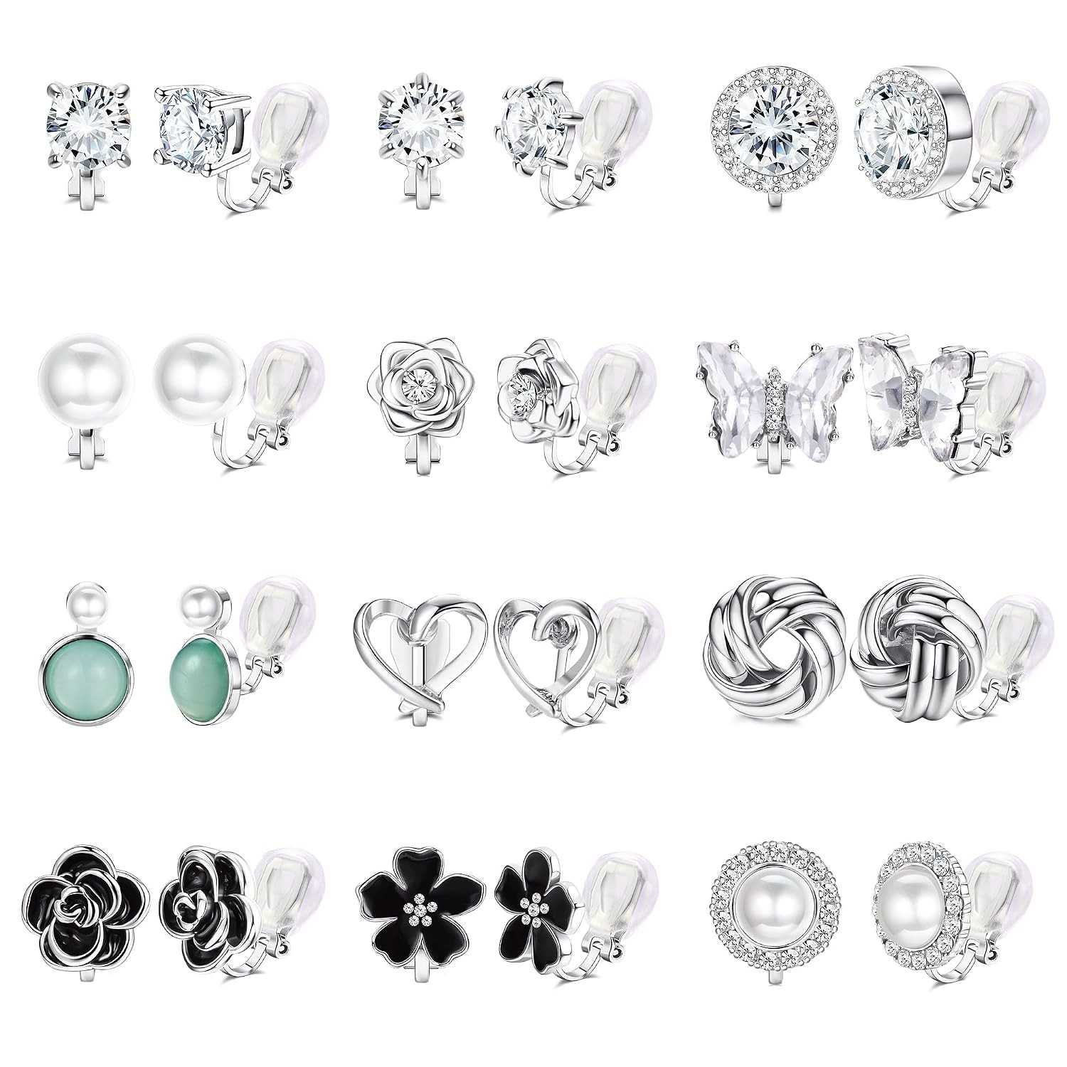 THUNARAZ 12 Pairs Clip on Earrings for Women CZ Pearl Non Piercing Set | Comfort