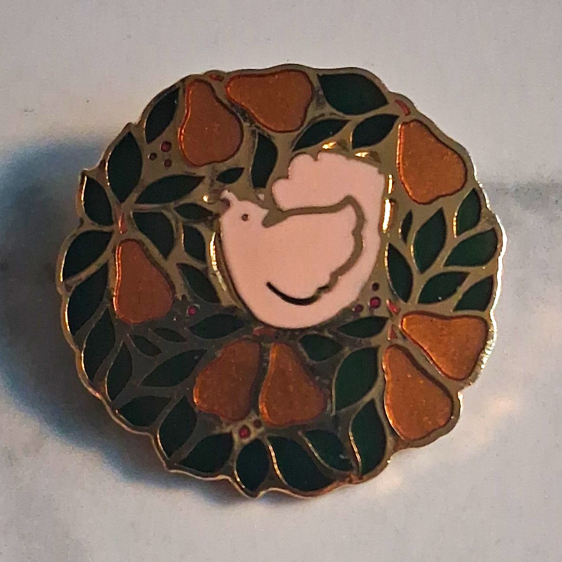 A.J.C. Enamel Dove Wreath Pin Round Gold Tone Green White Brown Signed