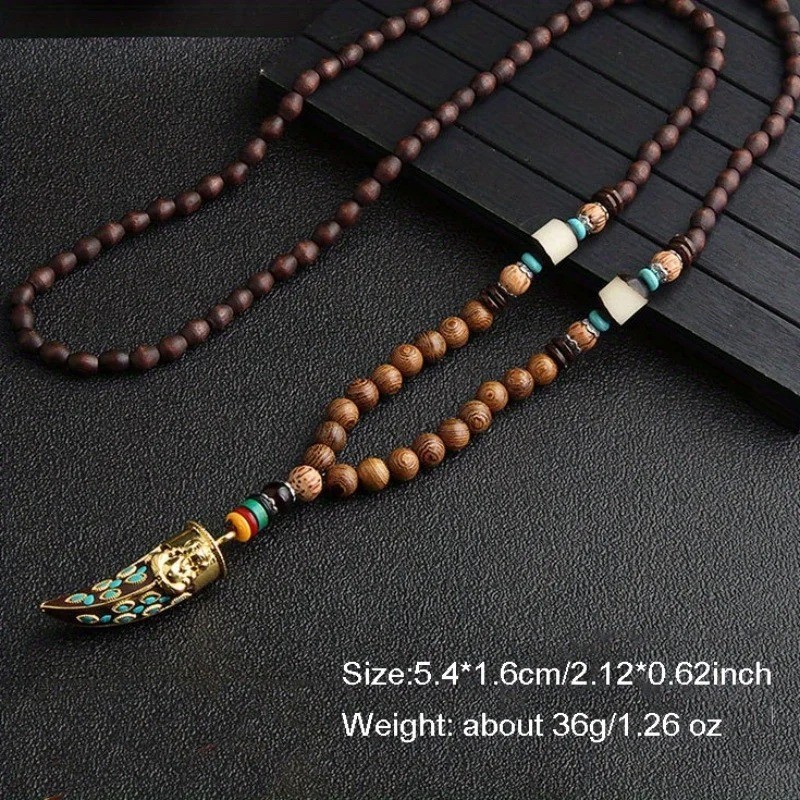Vintage Nepal Buddhist Mala Necklace Wood Beads Fish Horn Pendant Ethnic Jewelry