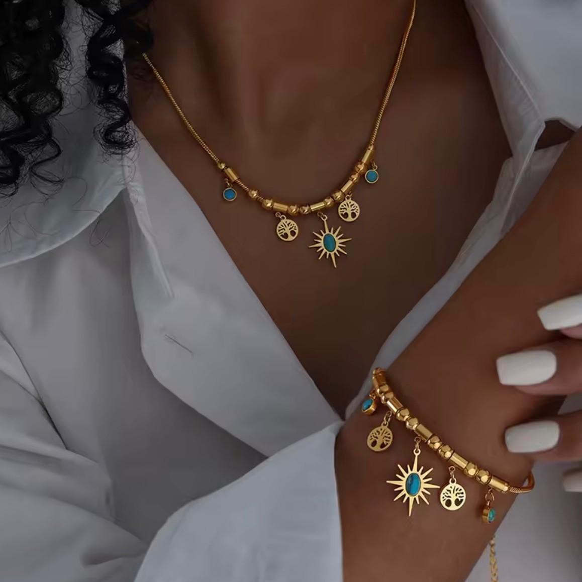 Women’s Luxury Gold Plated Stainless Steel Necklace Bracelet Set 2PCS Bridal Wed