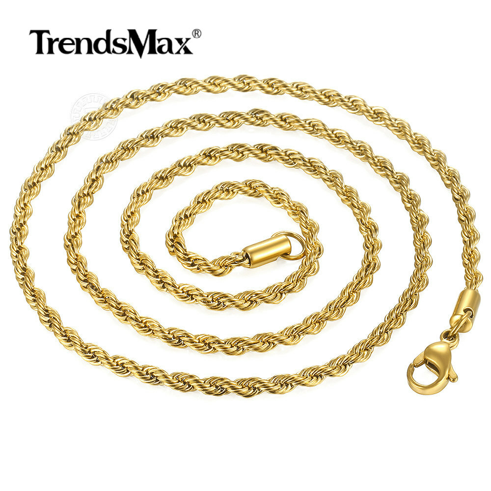 3/5MM Gold Stainless Steel Rope Chain Necklace Bracelet Unisex Jewelry Set 7-30″